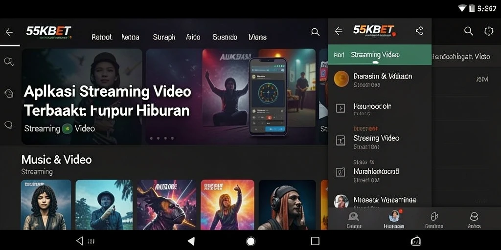 Antarmuka aplikasi 55KBET yang menampilkan berbagai pilihan Streaming Video.
