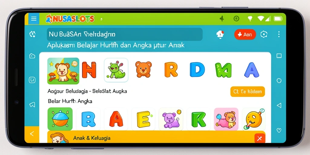 Antarmuka NUSASLOTS yang ceria dan interaktif untuk belajar huruf dan angka.